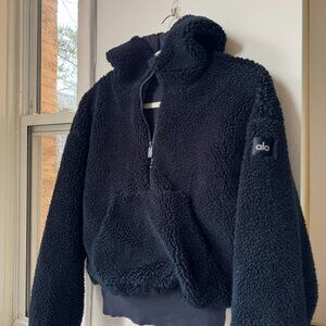 Alo Streetside Quarter Zip Hooded Fleece Jacket Navy Blue XS